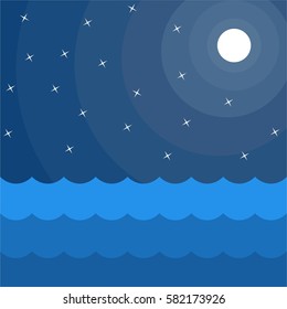 Vector illustration of night sky full of stars, moon, wave of sea