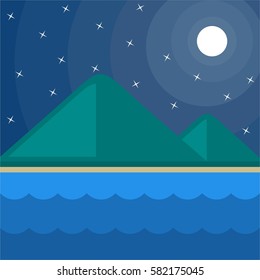Vector illustration of night sky full of stars, moon, wave of sea
