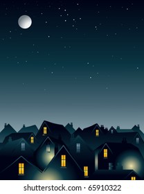 Vector Illustration Of The Night Sky With A Full Moon Over Urban Rooftops In Eps10 Format