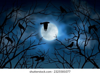 Ilustración vectorial del cielo nocturno con luna llena brillante, nubes y siluetas de ramas torcidas y cuervos voladores