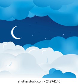 Vector illustration of night sky with moon and clouds. Only global colors. CMYK. Easy color changes.