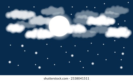 Vector illustration of night sky with moon and clouds. Cloudy sky background. 