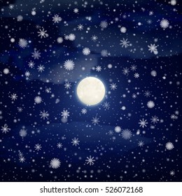 Vector illustration. Night sky, moon, clouds and falling snow, snowflakes. Winter background, snowfall