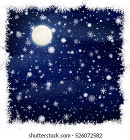 Vector illustration. Night sky, moon, clouds and falling snow in the frosty frame of snowflakes. Winter background, snowfall
