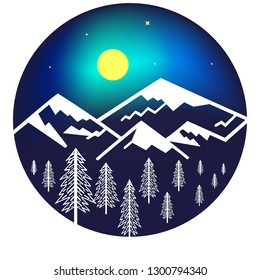 Vector illustration, night sky, mountains and trees, moon light gradient 