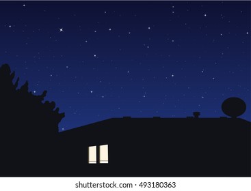 Vector illustration of the night sky with sparkling stars behind the roof tops of a house