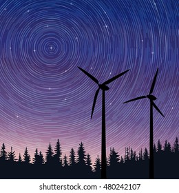 Vector illustration of night sky with star trails above the forest, wind turbines on the foreground