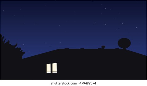 Vector illustration of the night sky with stars and the roof tops of a house