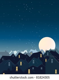 Vector Illustration Of The Night Sky With Stars And A Big Full Harvest Moon Over Roof Tops In Eps 10 Format