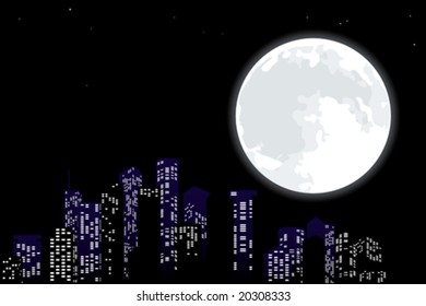 Vector illustration of night skyline. Only global colors. CMYK. Easy color changes.