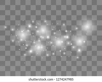 Vector illustration of a night starry sky on transparent background. Cosmic dust. Particles of star, cosmic dust. White glowing effect. 