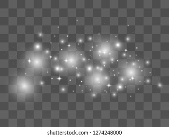 Vector illustration of a night starry sky on dark transparent background. Cosmic dust. Particles of star, cosmic dust. White glowing effect. 