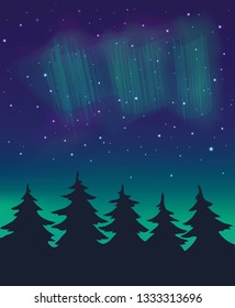 Vector illustration with night starry sky, forest silhouette, polar light 