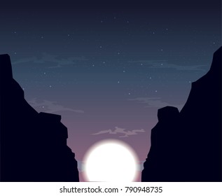 vector illustration of night starry sky, full moon and rocks silhouette