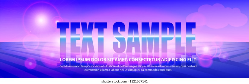Vector illustration of night steppe, hills, lavender fields in purple, blue, pink and violet neon colors. There is room for your text. Glowing design with bokeh, stars, solar lenses and highlights. 