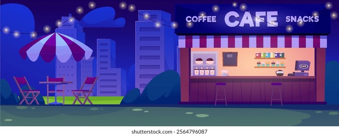 Vector illustration of night street cafe in city park. Bistro building with table, chairs, umbrella and burning garland. Empty cityscape background with coffee shop. Cartoon flat style.