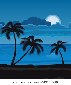 Vector illustration Night Summer beach with palm trees, night landscape with moon