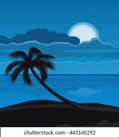 Vector illustration Night Summer beach with palm tree, night landscape with moon