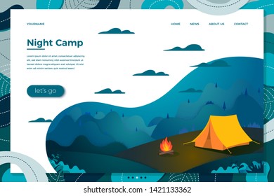 Vector illustration - night summer camp, forests, trees and hills on dark background. Banner, site, poster template with place for your text.