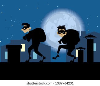 Vector illustration of night thieves on the roof