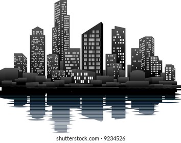 A vector illustration of a night time city skyline