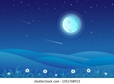 Vector illustration of night time hills landscape with Full moon and a Starry sky