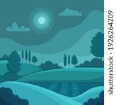 Vector illustration of night time nature landscape in the Countryside with a Full moon and a Stary sky