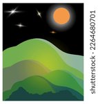 Vector illustration of night time nature landscape in the Countryside with a Full moon and a Stary sky, Abstract background