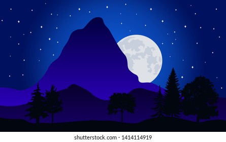 Vector illustration of night time nature landscape in the forest with a Mountain, Full moon and a Starry sky