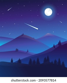 Vector illustration of night time nature landscape in the with a Full moon and a Stary sky