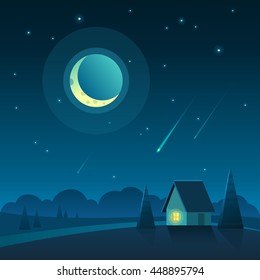 Vector Illustration Of Night Time Nature Landscape With House, Sky, Crescent Moon And Falling Stars.