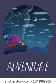 Vector illustration. Night time traveling. Camping, night, tent, fire. 