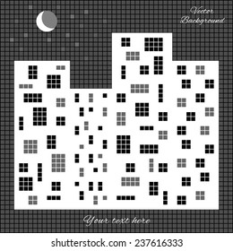 Vector illustration of a night town with buildings and windows on them, and moon in the dark sky.