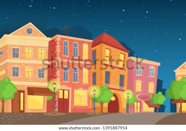 Vector\
illustration of night town in cartoon style. Street with colorful\
cute houses, night time city in flat\
style.