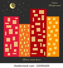 Vector illustration of a night town with colorful buildings and windows on them, and moon in the dark sky.