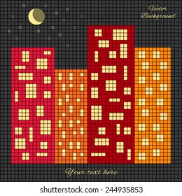 Vector illustration of a night town with colorful buildings and windows on them, and moon in the dark sky.