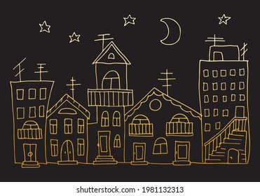 Ilustración vectorial de una ciudad nocturna con bloques de pisos, luna y estrellas. Doodle dibujó casas doradas sobre fondo negro para banner, afiche, publicidad, agencia inmobiliaria, estudio de diseño
