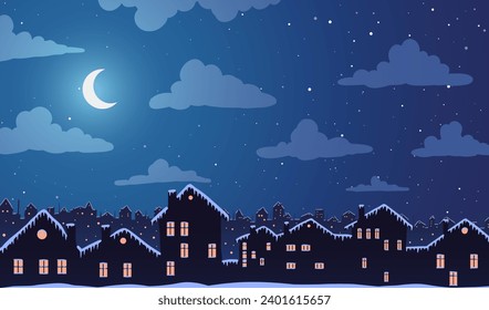 Ilustración vectorial. Aldea de pueblo nocturno en casas de nieve y luna entre nubes