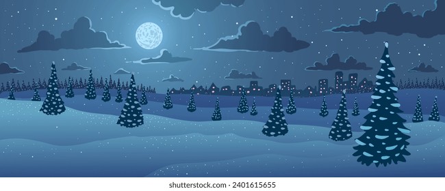 Ilustración vectorial. El paisaje invernal de la ciudad nocturna. Árboles, nevadas y luna.