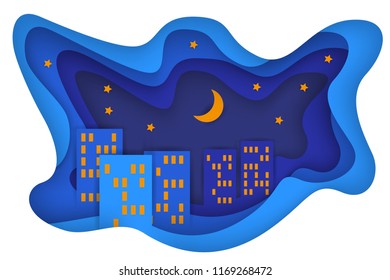 Vector illustration. Night urban city with sky, stars and moon. Nature landscape scenery background of paper art carving design.