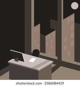 Vector illustration of a night view through an office window, overlooking a city skyline. A modern, corporate scene with illuminated buildings, perfect for business and urban designs