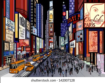 Vector illustration of a night view of times square in New York (all ads are imaginary)