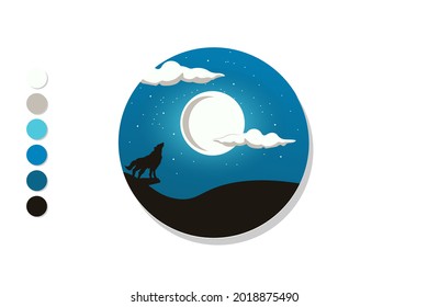 Vector illustration of night view, wolf and full moon