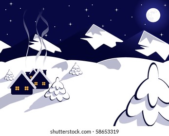 vector illustration of night village view over mountains