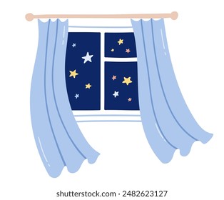 Vector illustration of night window with curtains and starry night