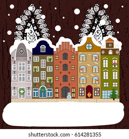 Vector illustration. Night vector Winter, Christmas urban landscape.