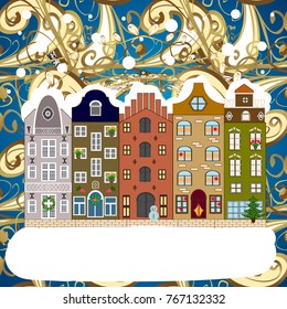 Vector illustration. Night vector Winter, Christmas urban landscape.