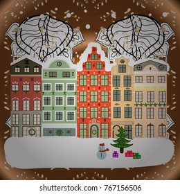 Vector illustration. Night vector Winter, Christmas urban landscape.