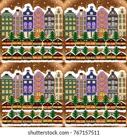Vector illustration. Night vector Winter, Christmas urban landscape.