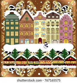 Vector illustration. Night vector Winter, Christmas urban landscape.